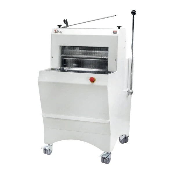 A white commercial bread slicer machine mounted on casters, with a long vertical handle, bread bagger attachment, and a small red emergency stop button on the front.