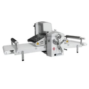 Tabletop dough sheeter machine by Empire, featuring a white metal body, conveyor belt system, dough roller attachments and shown on a solid white background.