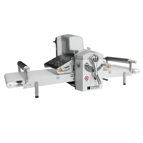 Tabletop dough sheeter machine by Empire, featuring a white metal body, conveyor belt system, dough roller attachments and shown on a solid white background.