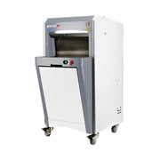 White and gray commercial bread slicer with button controls and built on casters. 
