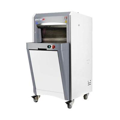 White and gray commercial bread slicer with button controls and built on casters. 