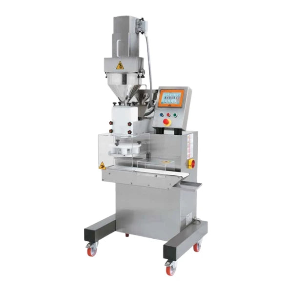 Stainless steel encrusting bakery machine with a touchscreen control panel, extruder and conveyor belt, shown on casters. 