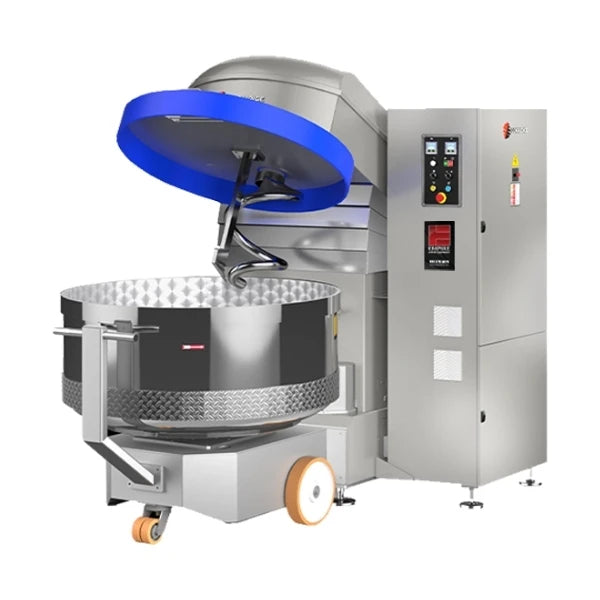 A large industrial food mixer machine with a stainless steel bowl, blue lid, and control panel cabinet on a white background.