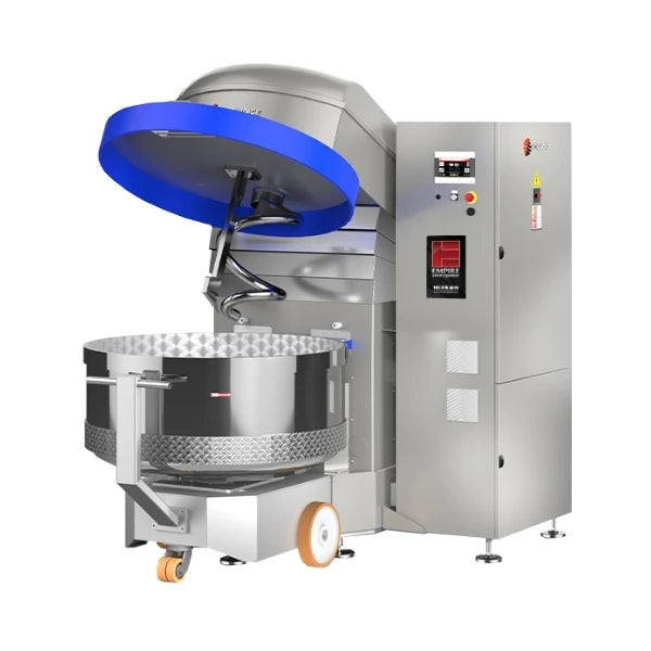 Industrial dough mixer machine with a stainless steel mixing bowl, blue lid, and control cabinet on a white background.