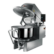 A commercial stand spiral mixer with a large stainless steel bowl, a silver mixing drum, and a digital control panel on a white background.