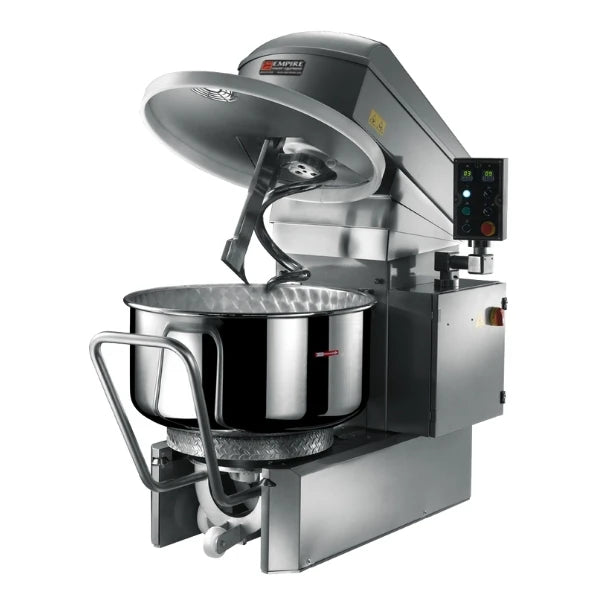 A commercial stand spiral mixer with a large stainless steel bowl, a silver mixing drum, and a digital control panel on a white background.