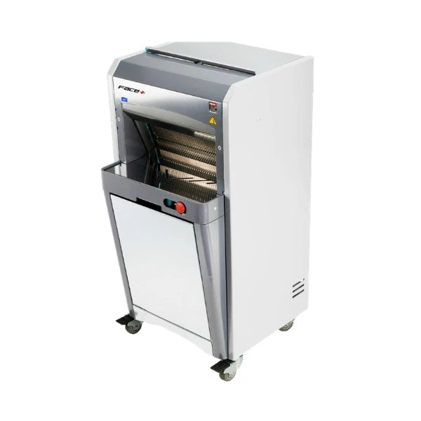 compact commercial bread slicing machine with button controls and clean white finish.