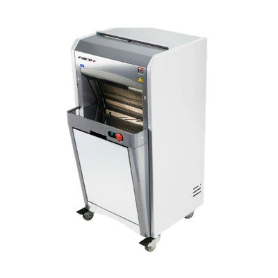 compact commercial bread slicing machine with button controls and clean white finish.