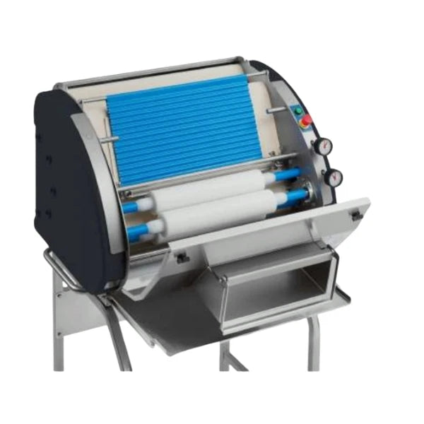 An inside view of the dough rollers that are used to mould dough pieces into a baguette on the french bread moulder.