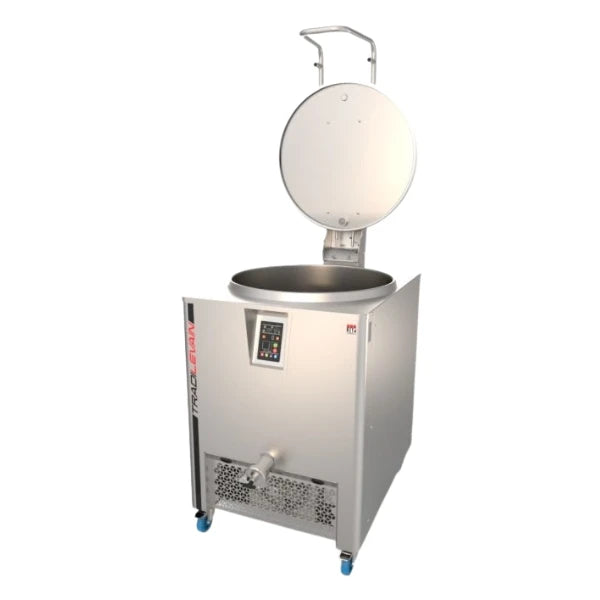 A commercial industrial fermentation tank with a stainless steel body, a digital control panel, and an open circular lid, shown on a plain white background.