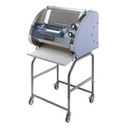 A commercial baguette moulding machine on a wheeled stand, featuring a silver stainless steel body, a gray side panel, and a gray folding table tray, shown against a plain white background.