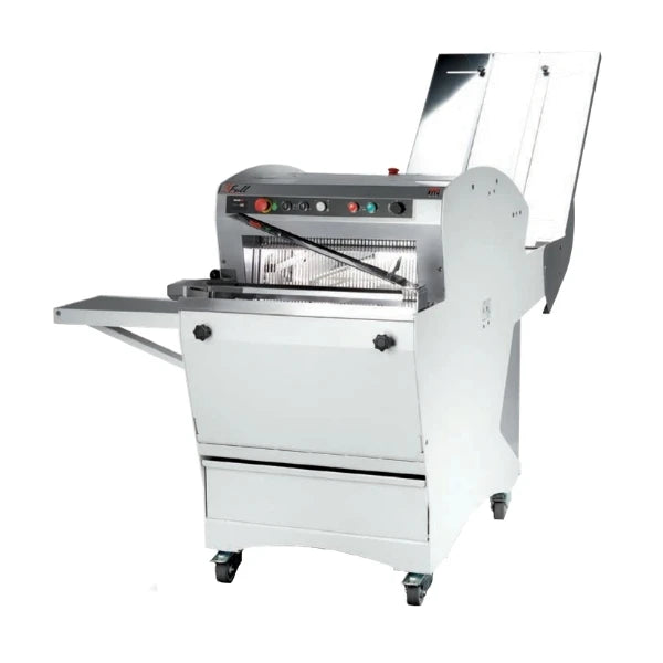 Gravity fed bread slicer with bagging attachment and control panel.