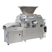 A large industrial stainless steel high hydration dough dividing machine with a hopper on top, digital control panel, and caster wheels, photographed on a plain white background.