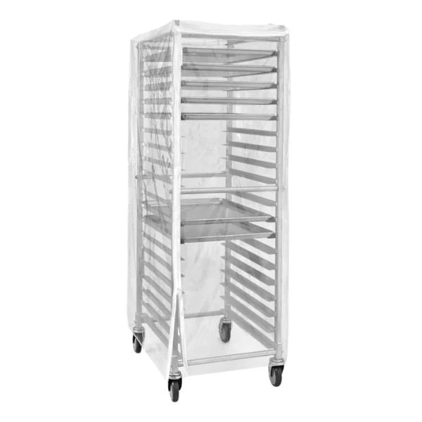 A tall bakery or catering rack covered with a clear protective plastic sheet, shown on a plain white background. The rack has multiple metal shelves and black caster wheels.