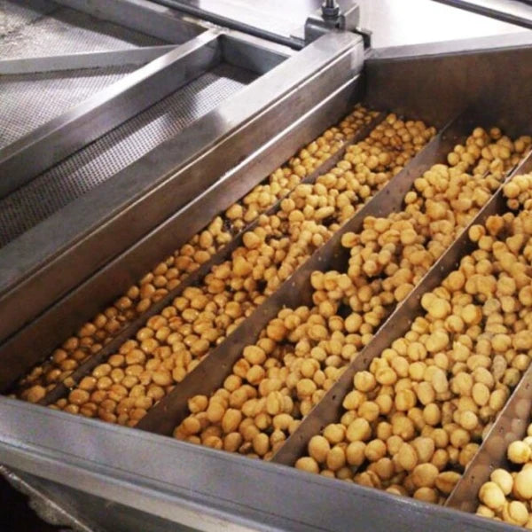 food being fried in an industrial frying line