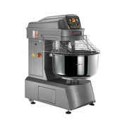 A commercial spiral mixer with a large stainless steel bowl, gray metal body, wire safety guard, and digital control panel on a white background.