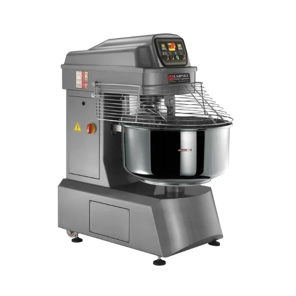 A commercial spiral mixer with a large stainless steel bowl, gray metal body, wire safety guard, and digital control panel on a white background.