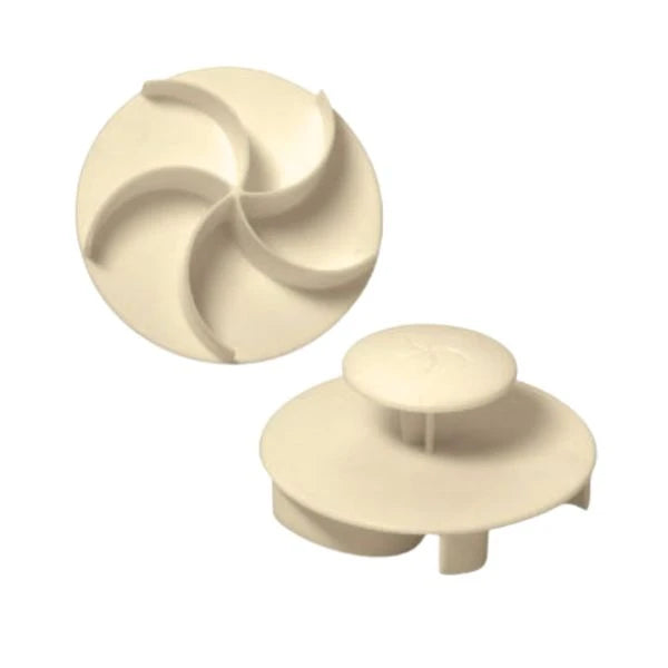 Two off-white plastic Kaiser roll stamps with a star shape.
