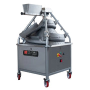 A large commercial conical rounding machine by Empire Bakery Equipment, featuring a gray metal body on a wheeled cart with red casters, a slotted hopper on top, and a metal support frame, shown against a plain white background.