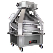 A large commercial conical rounding machine with a metallic silver and gray finish, mounted on a wheeled base. The machine features a hopper at the top, curved conveyor belts, and a front panel with the Empire Brand logo.