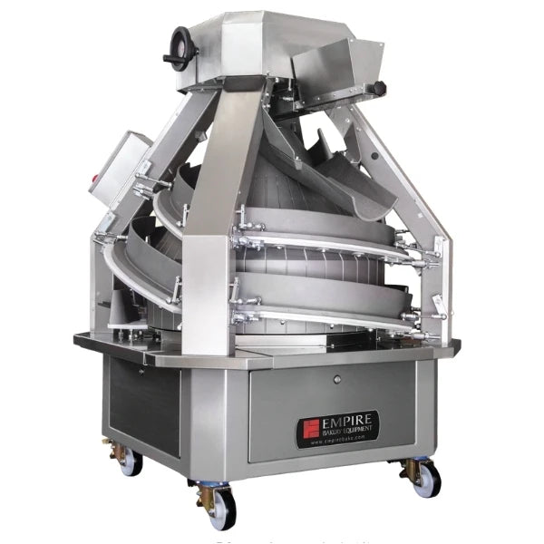 A large commercial conical rounding machine with a metallic silver and gray finish, mounted on a wheeled base. The machine features a hopper at the top, curved conveyor belts, and a front panel with the Empire Brand logo.