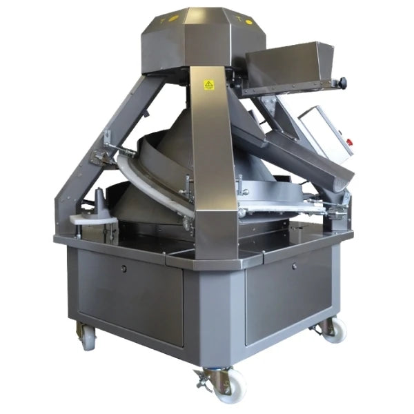 A large commercial dough rounding machine with a stainless steel and gray metal body, mounted on a wheeled base, shown against a plain white background.