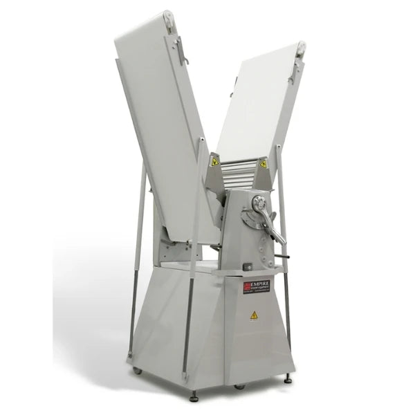 A commerical dough sheeter shown with its foldaway sheeter beds raised for easier storage. 