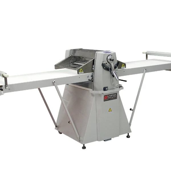 A commercial dough sheeter machine with a white conveyor belt, silver steel body, and black feet, shown on a plain white background.