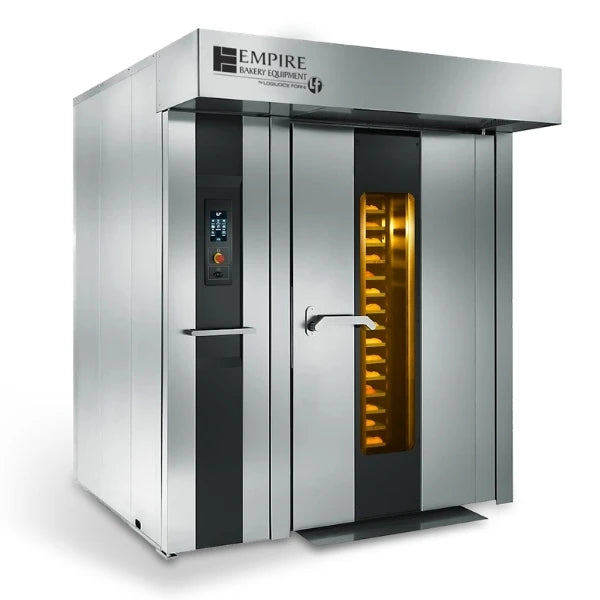 A commercial double rack oven from Empire Bakery Equipment, featuring a stainless steel exterior, a digital control panel on the left door, and a glass window on the right door showing a warm glowing interior.