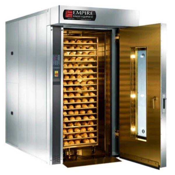 An Empire bakery equipment commercial rack oven with its door open, showing a rack of baked bread inside. The exterior is stainless steel, and the interior door has a warm golden finish with built-in lighting.