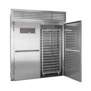 A stainless steel commercial dough proofer with the front door closed and the right door open, showing a metal rack inside. The unit has a digital control panel on the upper left door.
