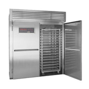 A stainless steel commercial dough proofer unit with its left door closed and the right door open, showing a metal rack inside. The unit has a digital control panel on the upper left of the door.