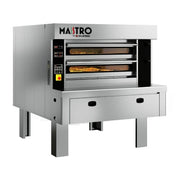 A Mastro commercial two-deck pizza oven in stainless steel, shown on a solid white background. The oven features a front-facing digital control panel, and a lower drawer cabinet.