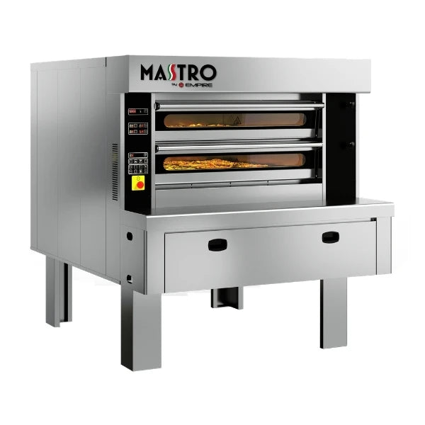 A Mastro commercial two-deck pizza oven in stainless steel, shown on a solid white background. The oven features a front-facing digital control panel, and a lower drawer cabinet.