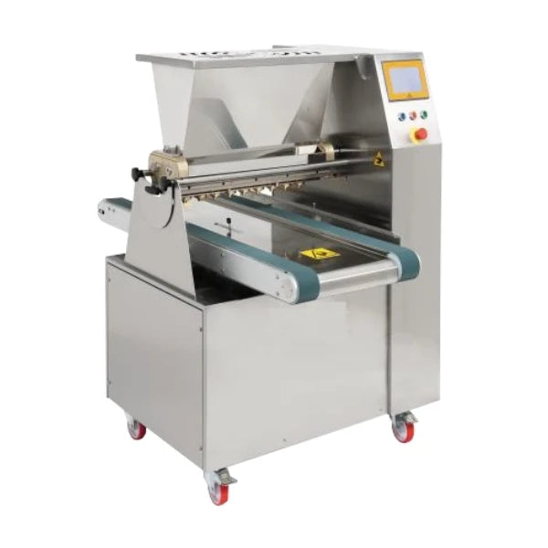 A commercial-grade cookie depositing machine with a conveyor belt, hopper, and digital control panel on wheels, isolated on a white background.