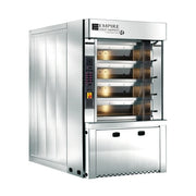 An Empire commercial multi-deck artisan deck oven with stainless steel exterior, four visible baking tiers with warm interior lighting, and a digital control panel on the left side, shown on a plain white background.