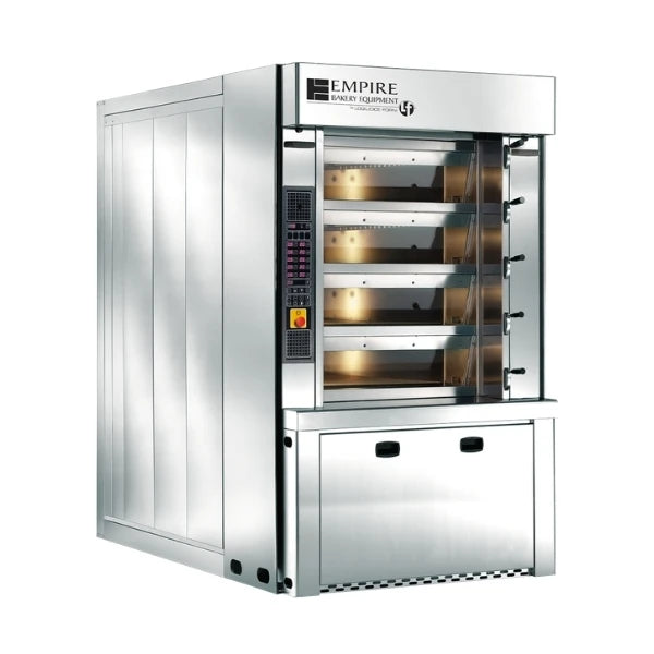 An Empire commercial multi-deck artisan deck oven with stainless steel exterior, four visible baking tiers with warm interior lighting, and a digital control panel on the left side, shown on a plain white background.