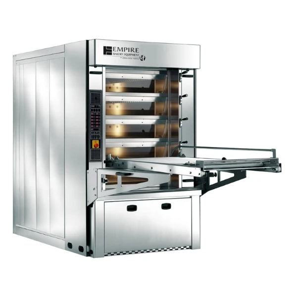 A four deck commercial deck oven with a sliding open door and extended conveyor belt, shown in stainless steel on a white background.
