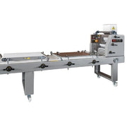 A commercial-grade stainless steel dough roller machine with a conveyor belt system, featuring a control panel, handwheels, and caster wheels on a white background.