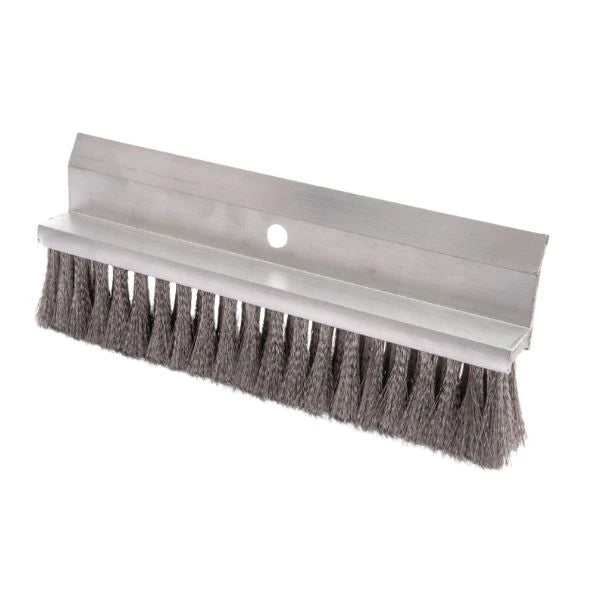 A heavy-duty metal oven brush with a brushed silver aluminum frame and dark gray steel bristles, shown on a plain white background.