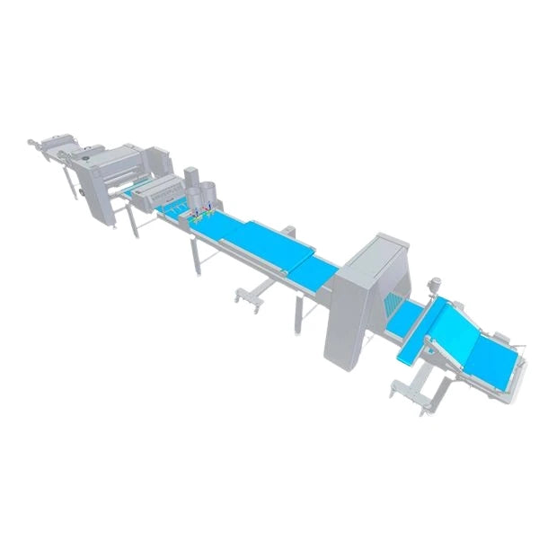 A 3D rendering of an industrial or wholesale pastry line with light gray metal frames and bright blue belts, shown on a plain white background.