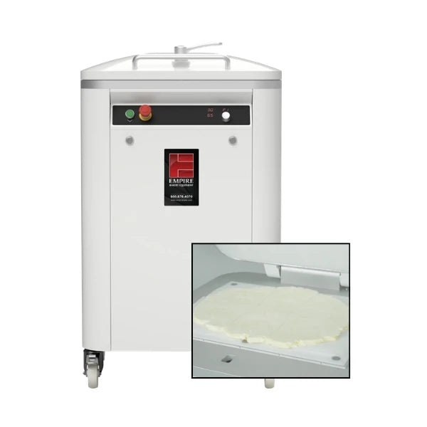 A white commercial dough and butter press machine with an inset image of butter after it was pressed in the machine. 