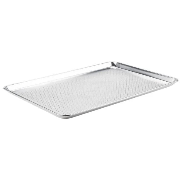 A rectangular stainless steel baking sheet with a perforated textured bottom and raised rim, shown at an angle on a plain white background.
