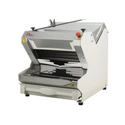 A commercial tabletop bread slicer machine with a stainless steel cutting bed, white plastic housing, and black feet, shown on a plain white background.