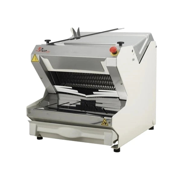 A commercial tabletop bread slicer machine with a stainless steel cutting bed, white plastic housing, and black feet, shown on a plain white background.