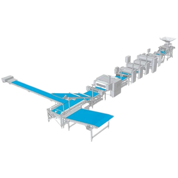 An industrial pizza processing line with blue conveyor belts and silver metal machinery, shown on a plain white background.