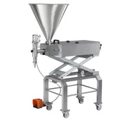 A stainless steel industrial filling machine with a large conical hopper, scissor lift frame, caster wheels, and an orange foot pedal on a plain white background.