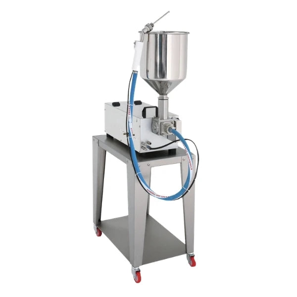 A stainless steel industrial filling machine mounted on a matching metal stand with casters, featuring a blue pneumatic hose and a white control box, isolated on a white background.