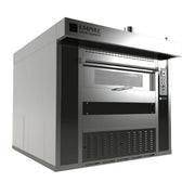 A commercial revolving tray oven by Empire Baker Equipment, featuring a stainless steel front door with a glass window, a dark gray side panel, and a white top casing, shown on a solid white background.