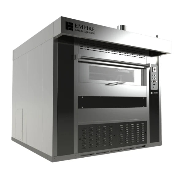A commercial revolving tray oven by Empire Baker Equipment, featuring a stainless steel front door with a glass window, a dark gray side panel, and a white top casing, shown on a solid white background.
